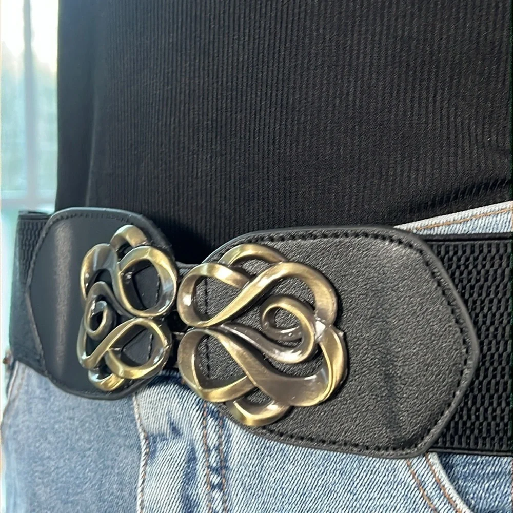 Wide Black Stretch Front Clip Belt Brushed Gold Accent Buckle Size Large - Picture 3 of 12
